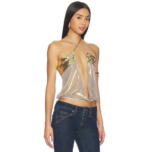 Gold Draped Chiffon Sequin Top